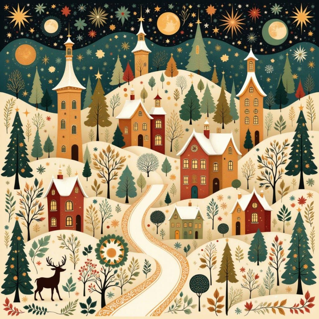 Folk Art Nouveau Christmas Village Illustration