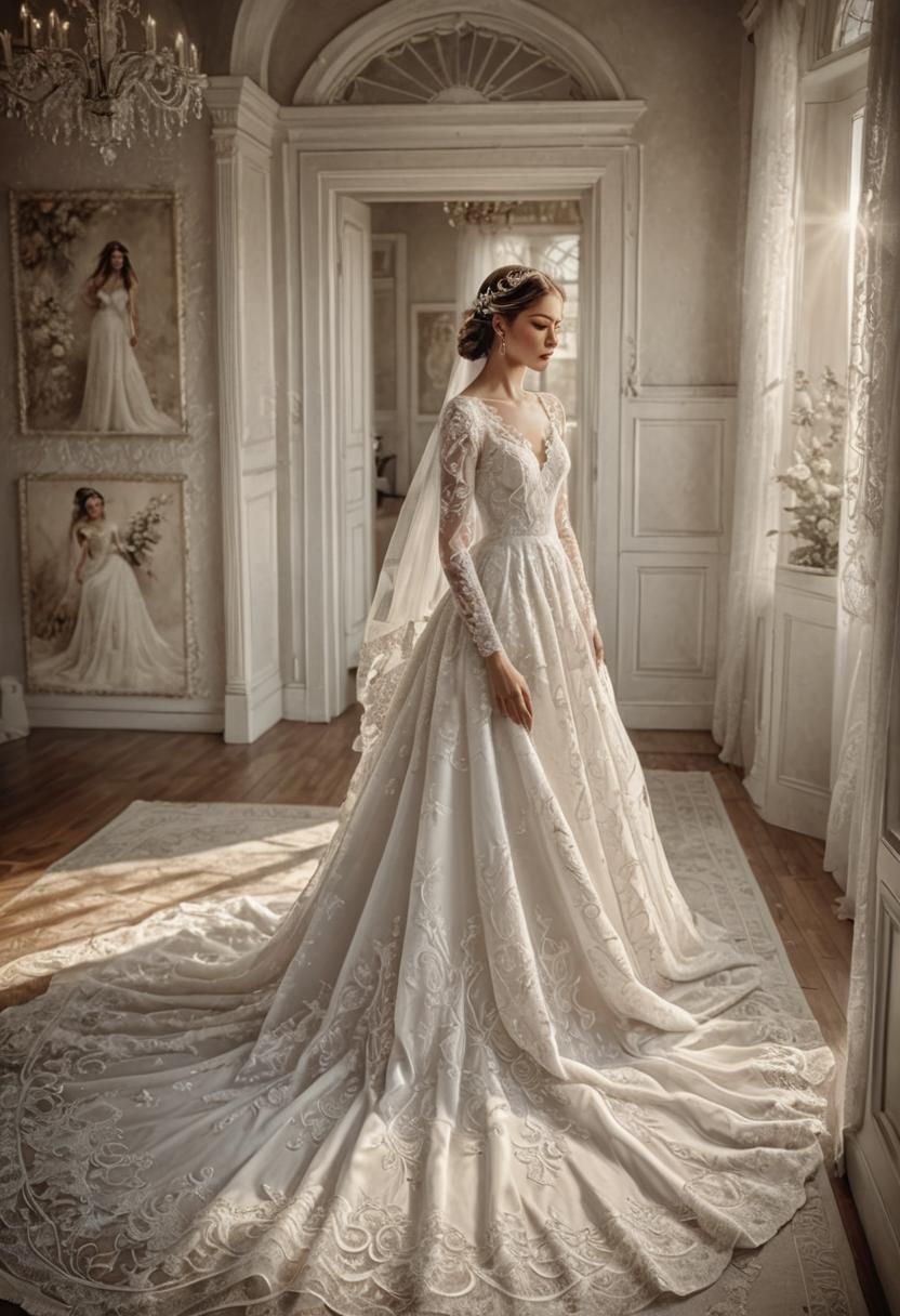 Elegant Wedding Dress Digital Sketch in Hyperrealism Style