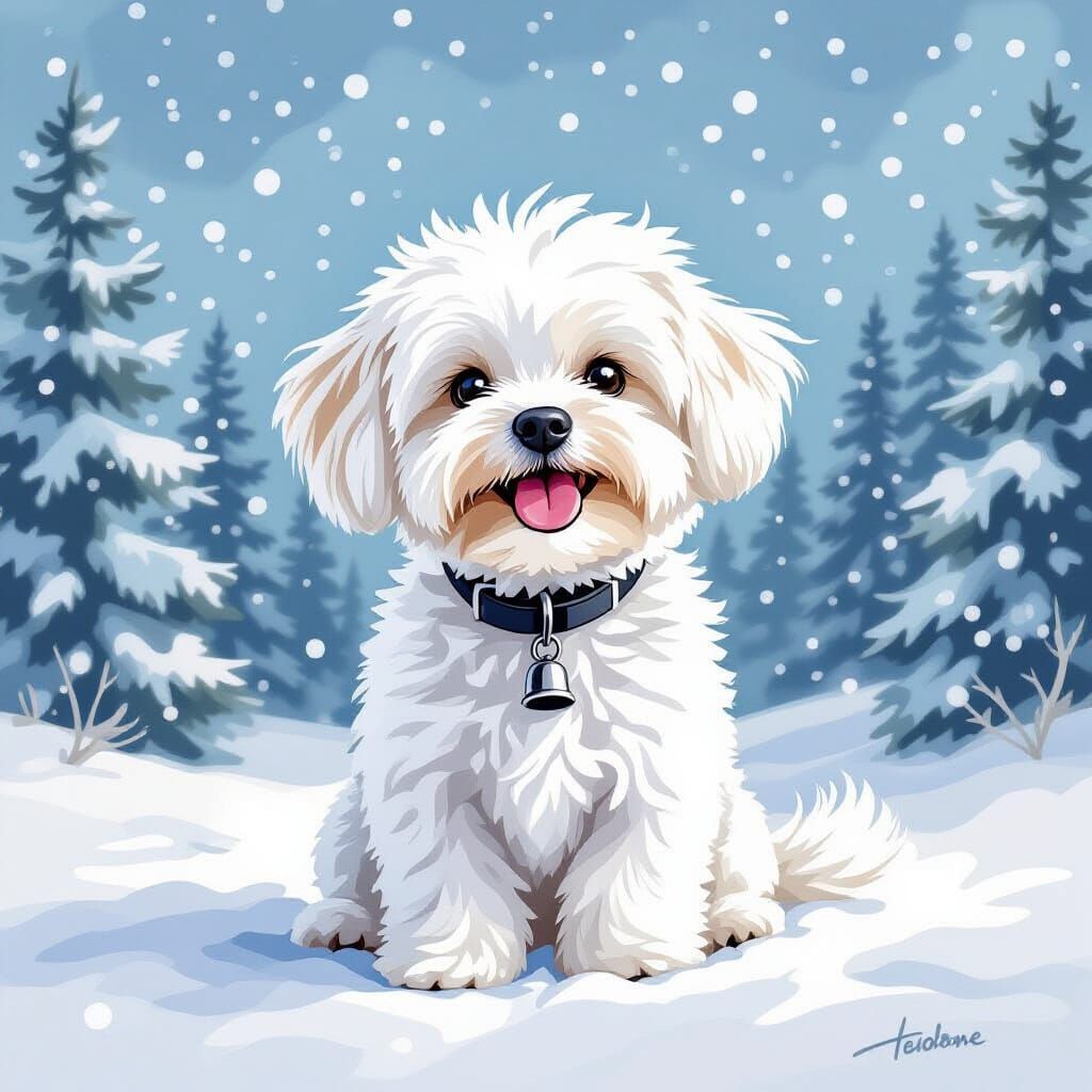 Cute Maltese Dog in Snowy Watercolor Wonderland