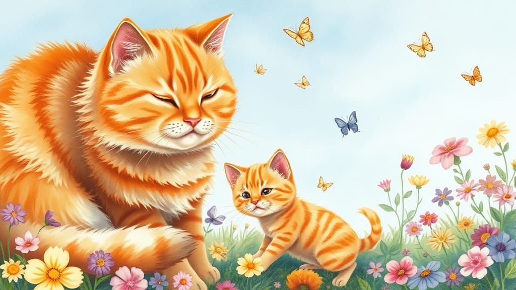 Whimsical Tabby Cats in Sunny Garden, Watercolor Style