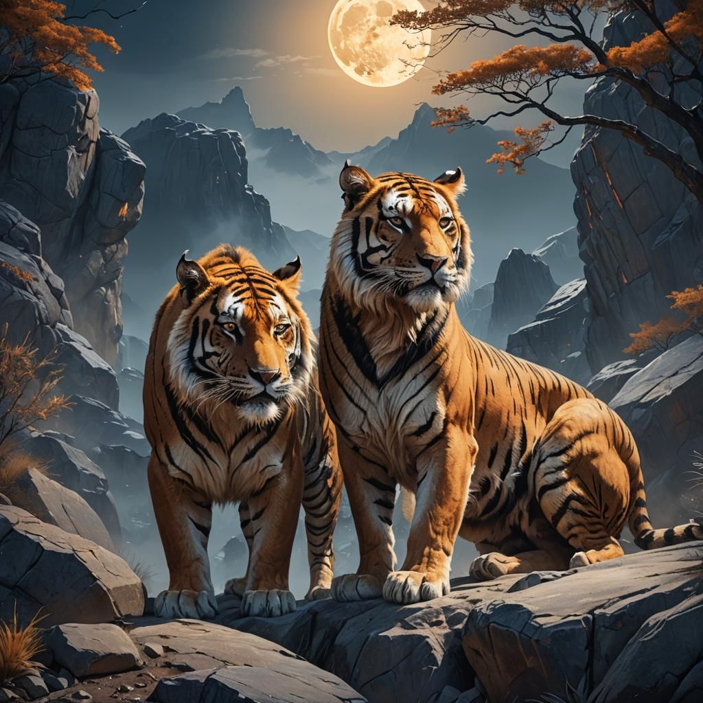 Majestic Tiger and Liger Face-Off in Fantasy Art