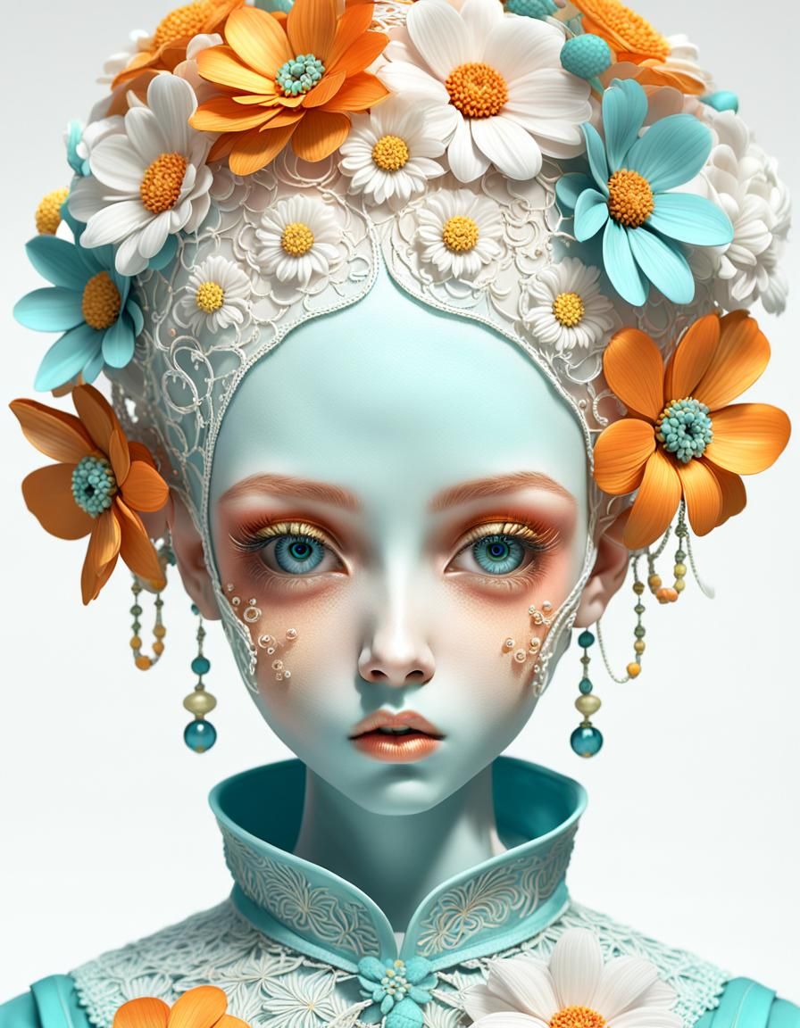 Surreal Porcelain Doll with Extravagant Makeup