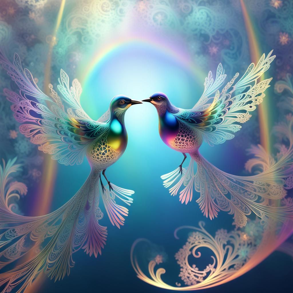Delicate Lace Birds in Fractal Dreamscape
