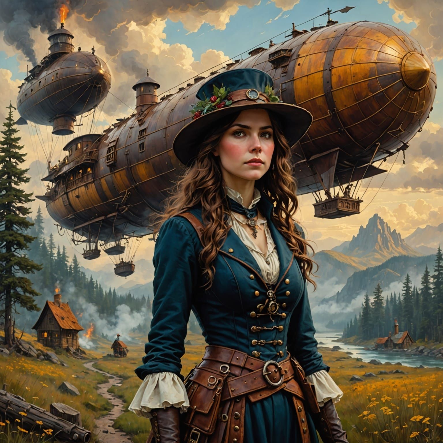 Steampunk Sorcerer's Airship Landing in Vibrant Wilderness