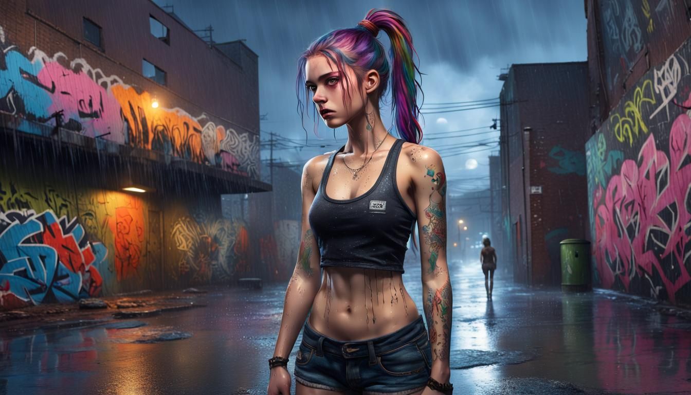 Rainy Night Portrait with Graffiti Art