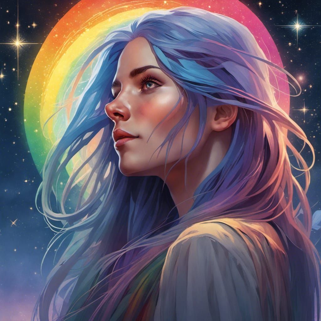 Rainbow Haired Woman Reflecting Stars, Digital Art