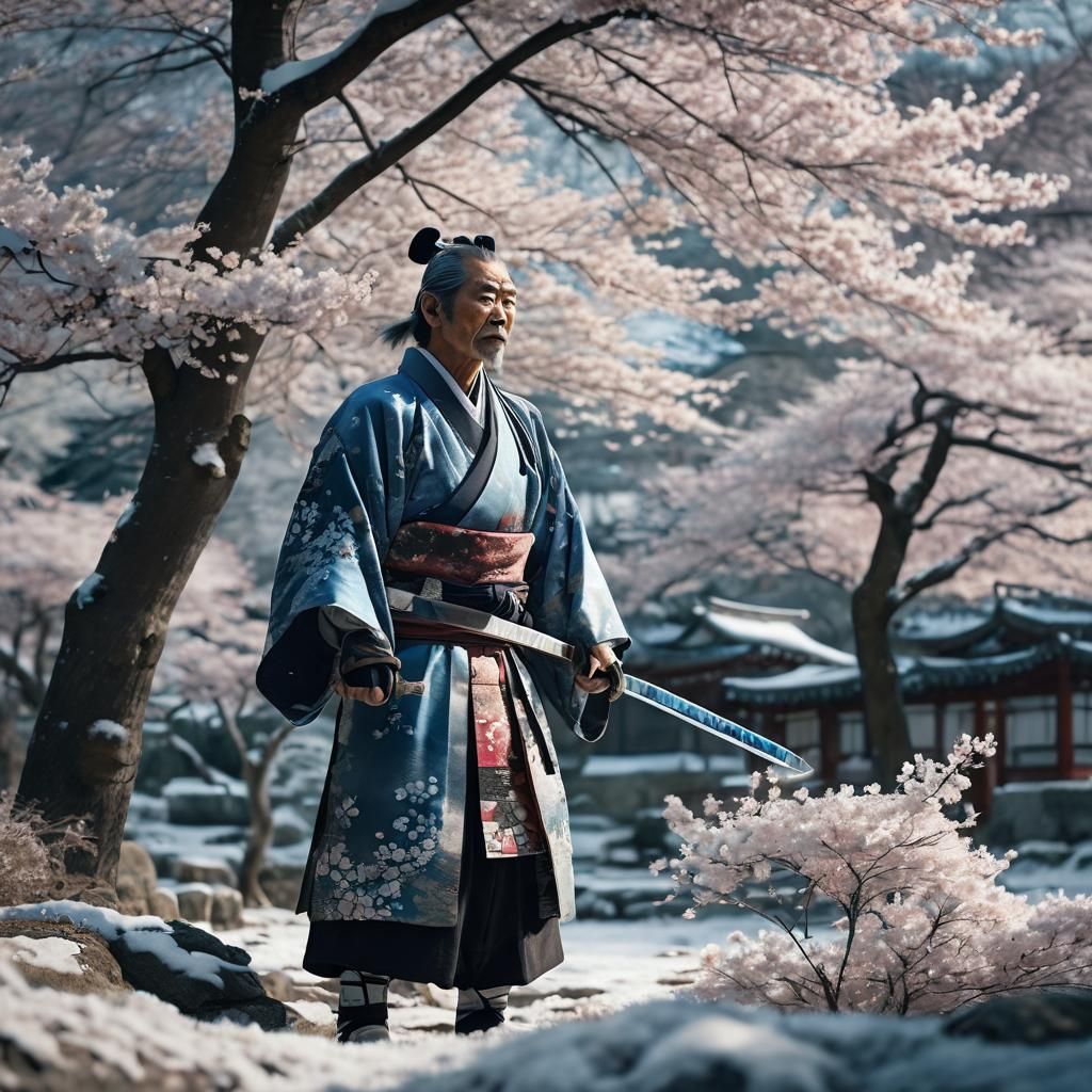 Icy Samurai and Master Under Sakura Trees