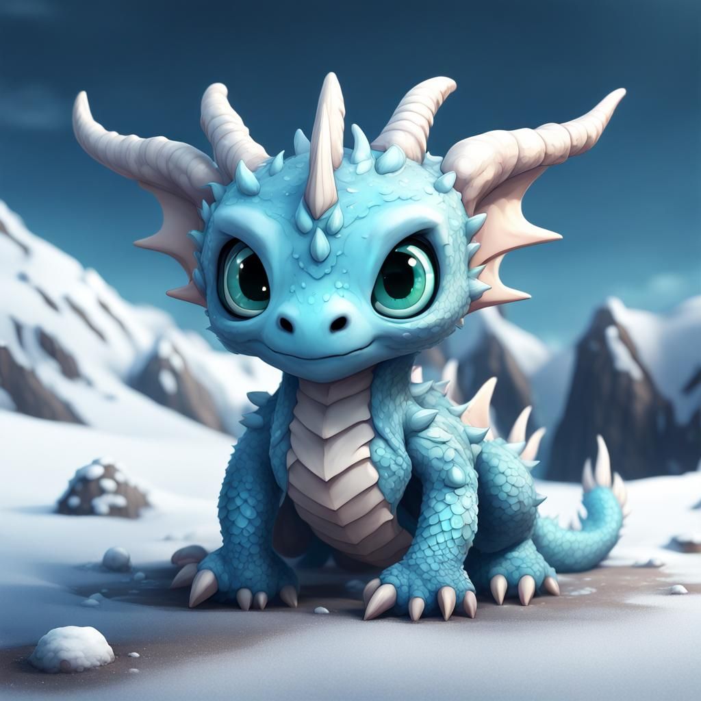 Chibi Dragon in Icy Wasteland, Pastel Colors