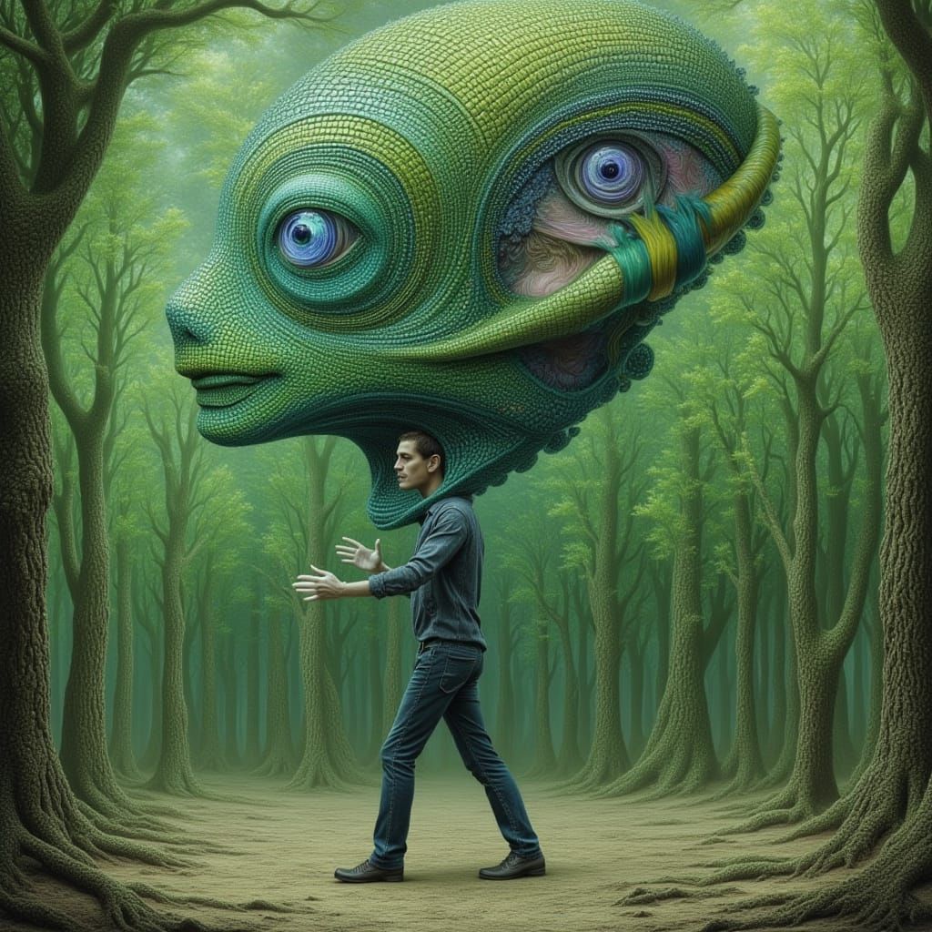 Surreal Alien Burdened by Olmec God Statue