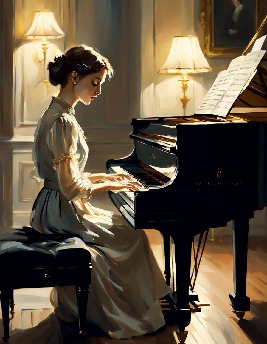Woman Playing Piano in Dimly Lit Room, Painterly Style