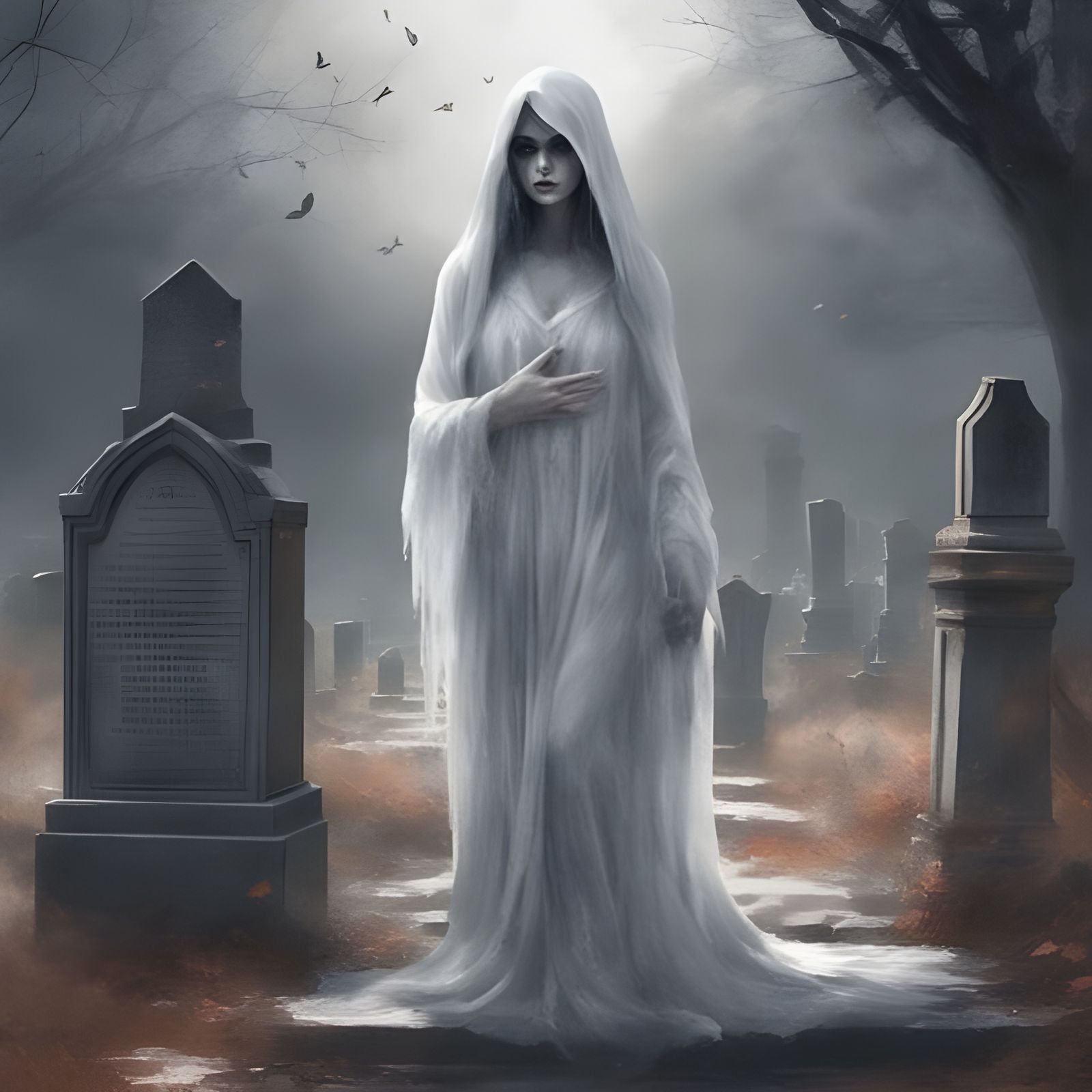 Beautiful Female Ghost in Cemetery, Realistic Style