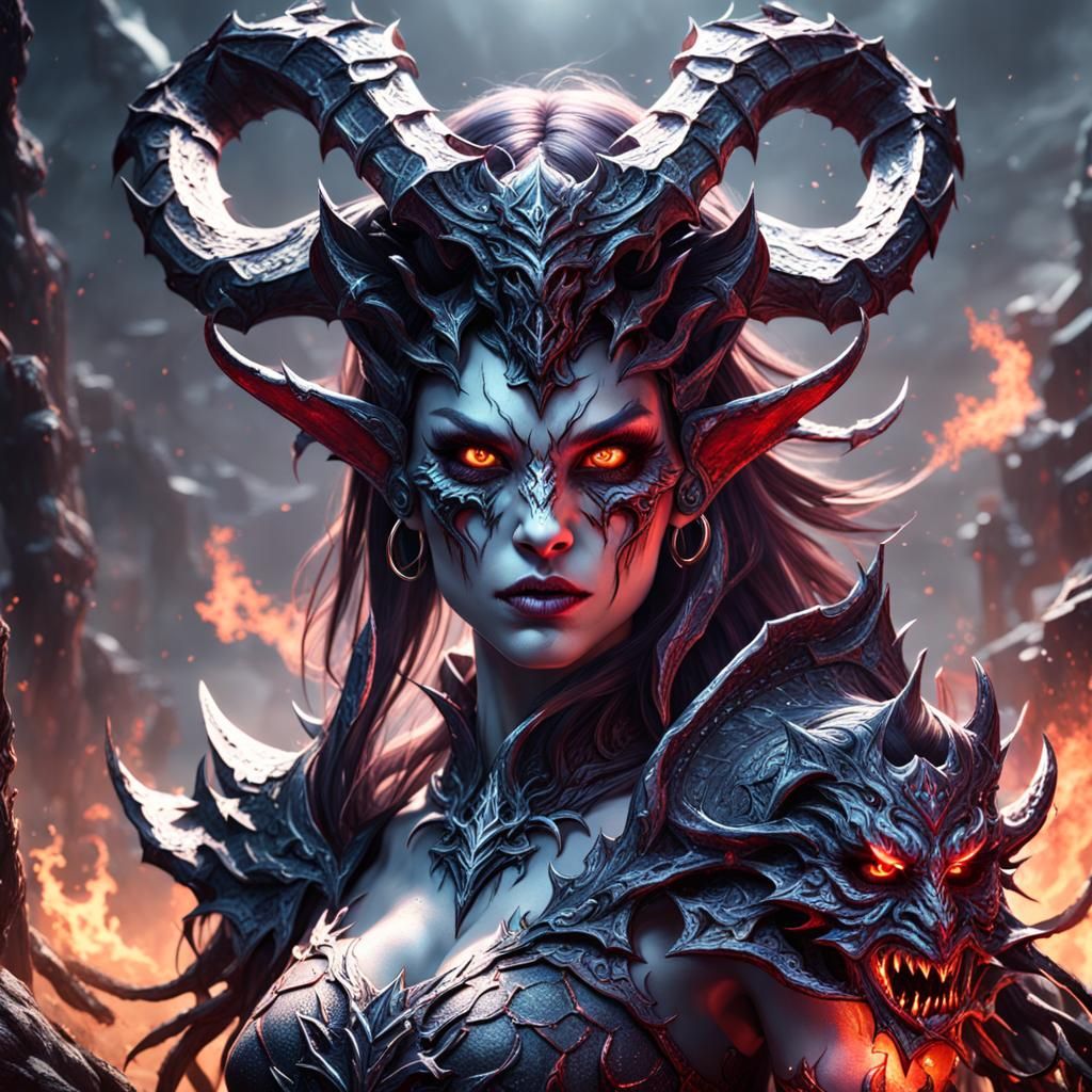 Pretty Demon Girl in Dark Realm, Matte Painting