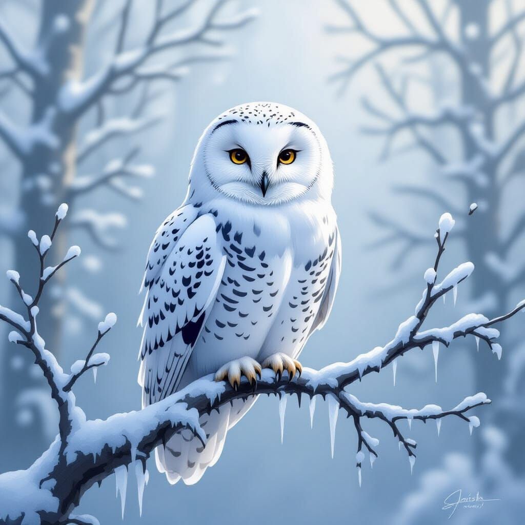 Snow Owl on Frosted Branch in Misty Forest