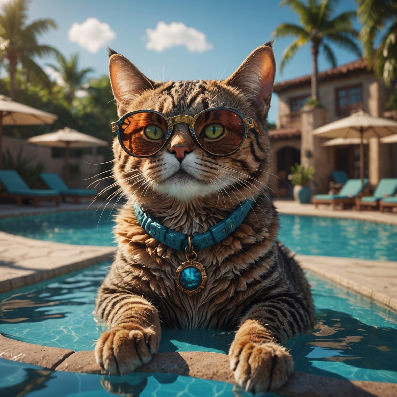 Cat with Sunglasses by Pool in Detailed Painting