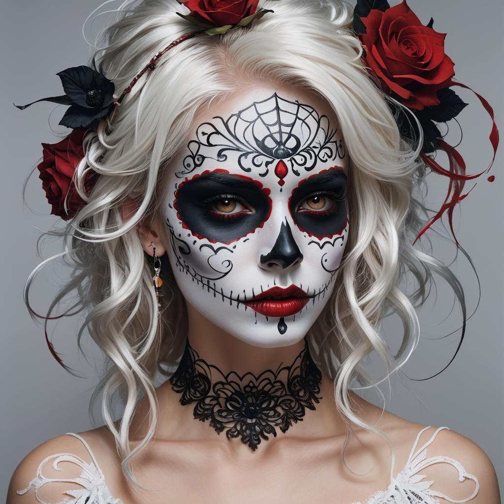 Woman with Sugar Skull Makeup in Neoclassical Style