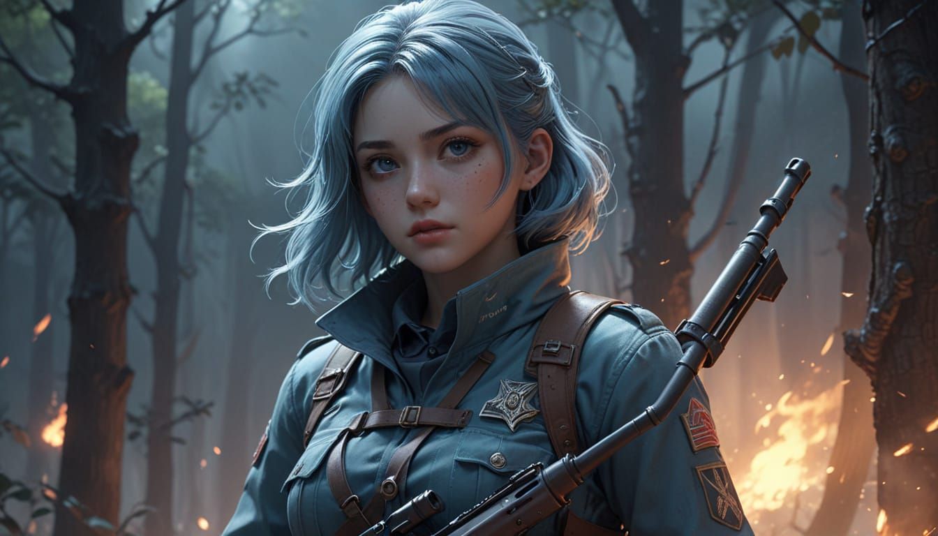 Anime-Inspired Girl in WWII Uniform with Rifle
