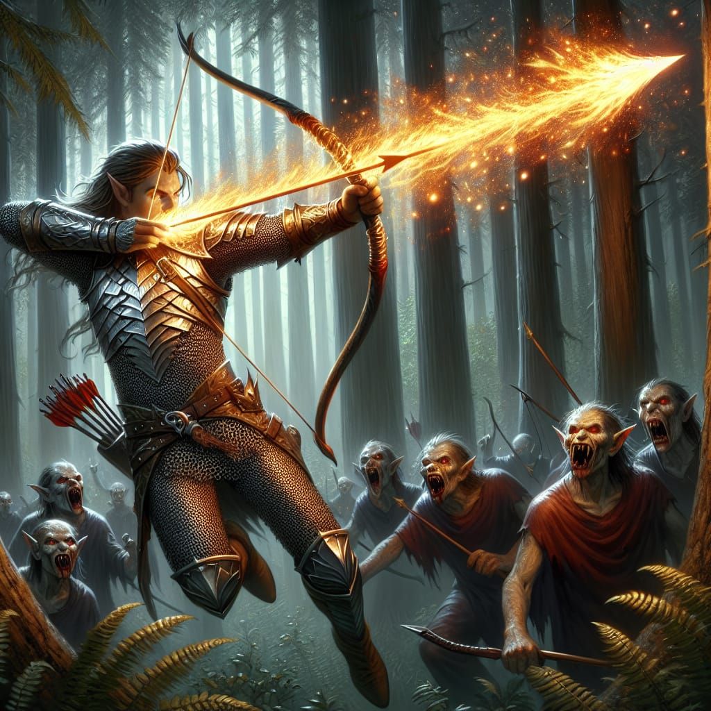 The wood-half-elf's arrow flies through the air, leaving a trail of sparks in its wake.