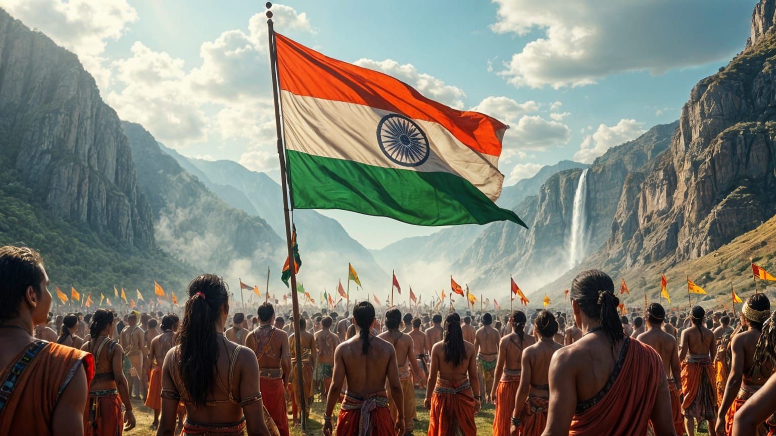 Indian Tribal Freedom Fighters with National Flag