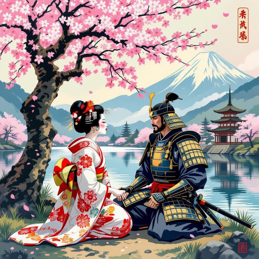 Geisha and Samurai Kiss Under Sakura Tree
