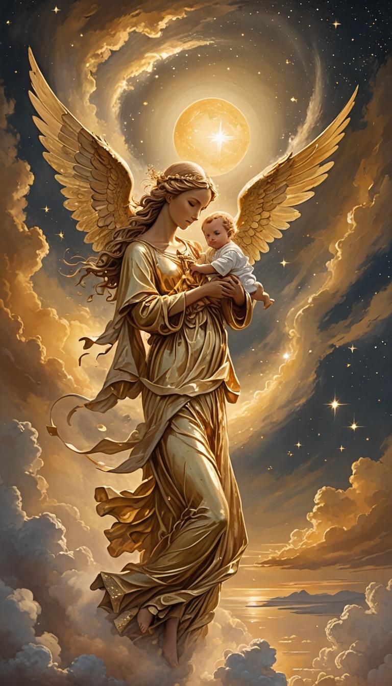 A (golden complexion looking angel: 1.5) in the horizon carr...