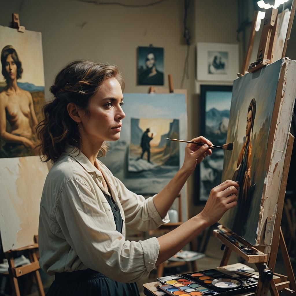 Artist Creating Portrait with Cinematic Lighting