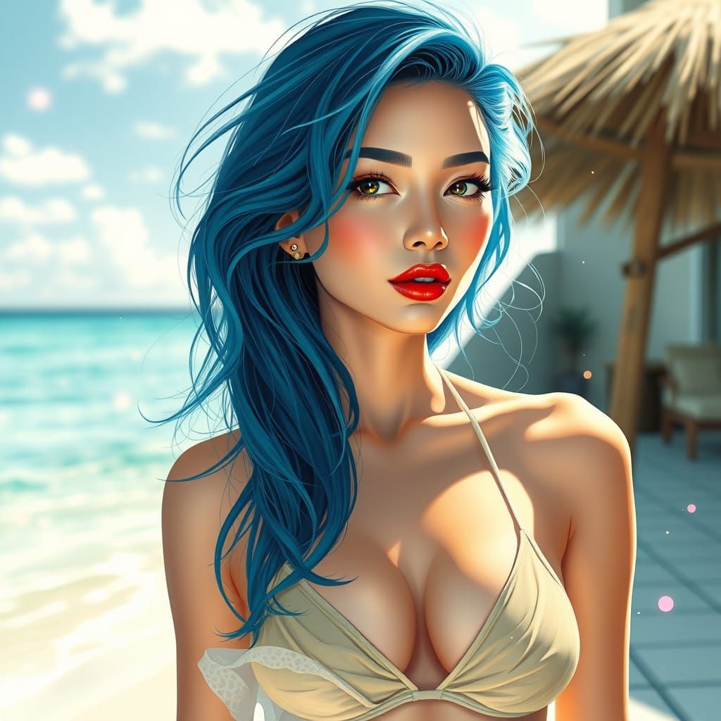 Blue-Haired Pin-Up in Digital Illustration Style