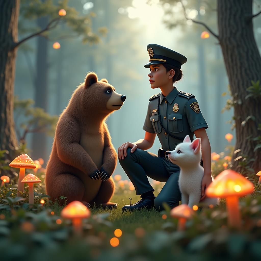 Police Officer Apologizing to Bear and Kitten in Forest