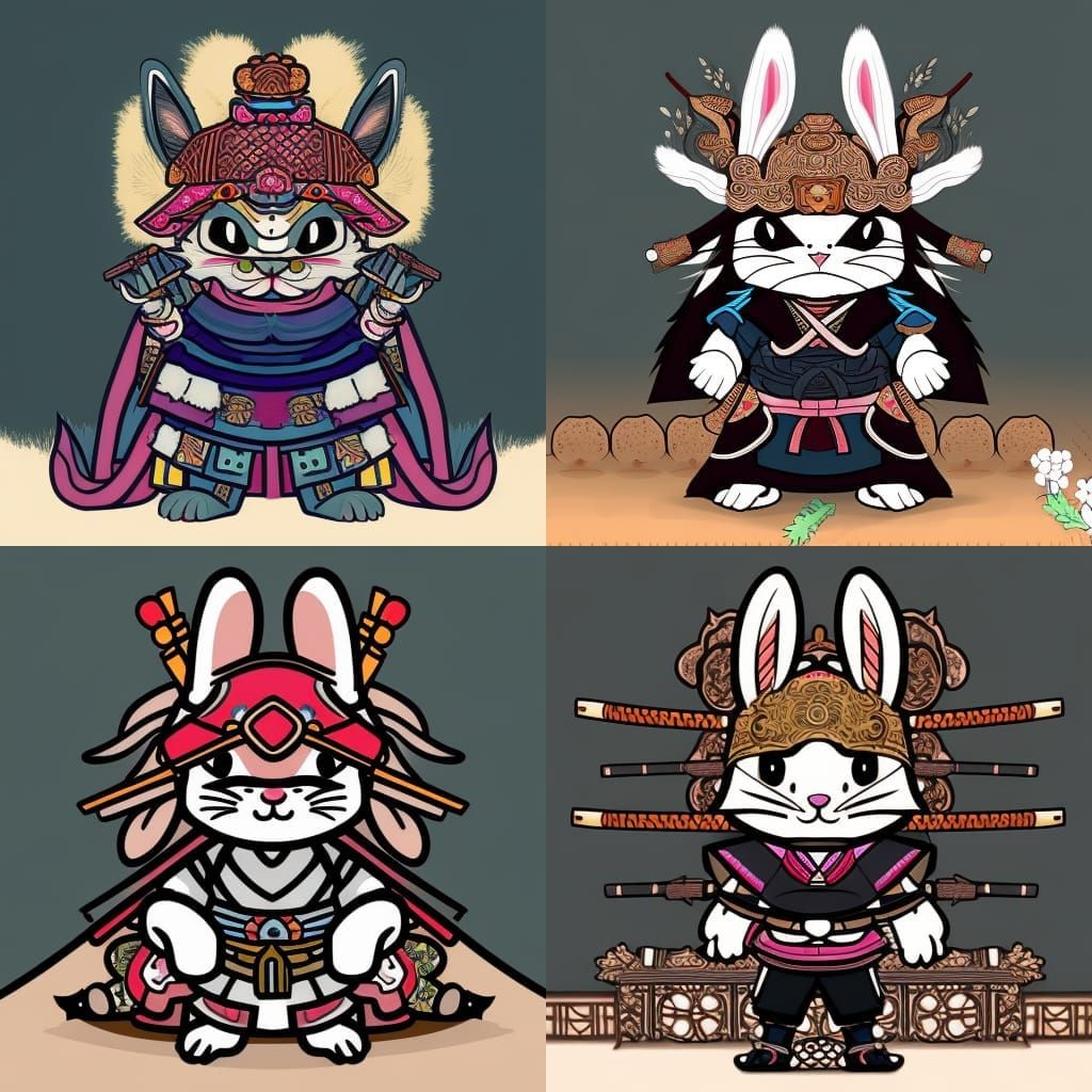 Rabbit Samurai Warrior in Japanese Coloring Book Style