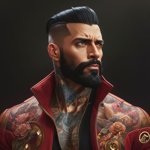 Tattooed Man in Red Jacket, Detailed Digital Art