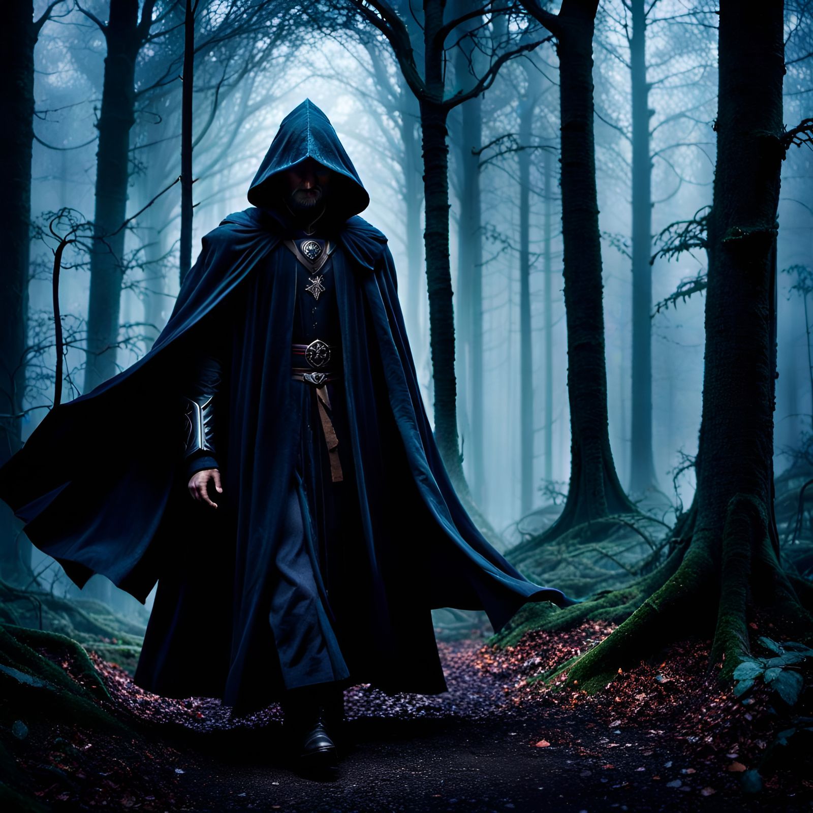 Dark Mage in Forest: Hyperrealistic Matte Painting