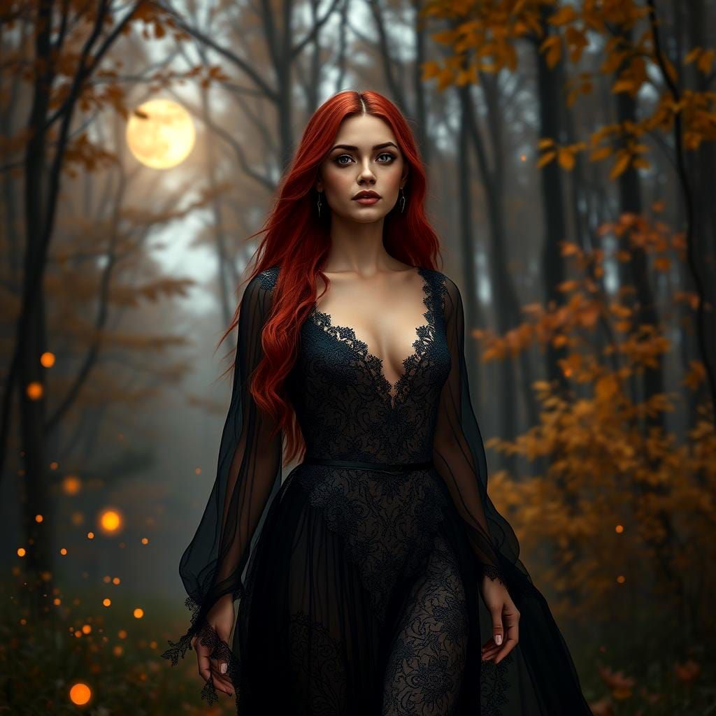 Woman in Autumn Forest with Fireflies