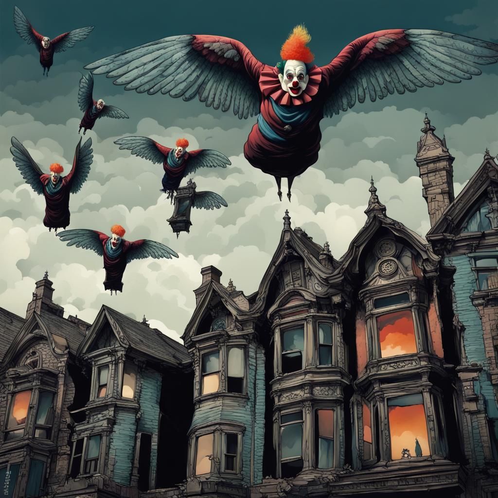 Winged Victorian Houses Soar Above Gothic City