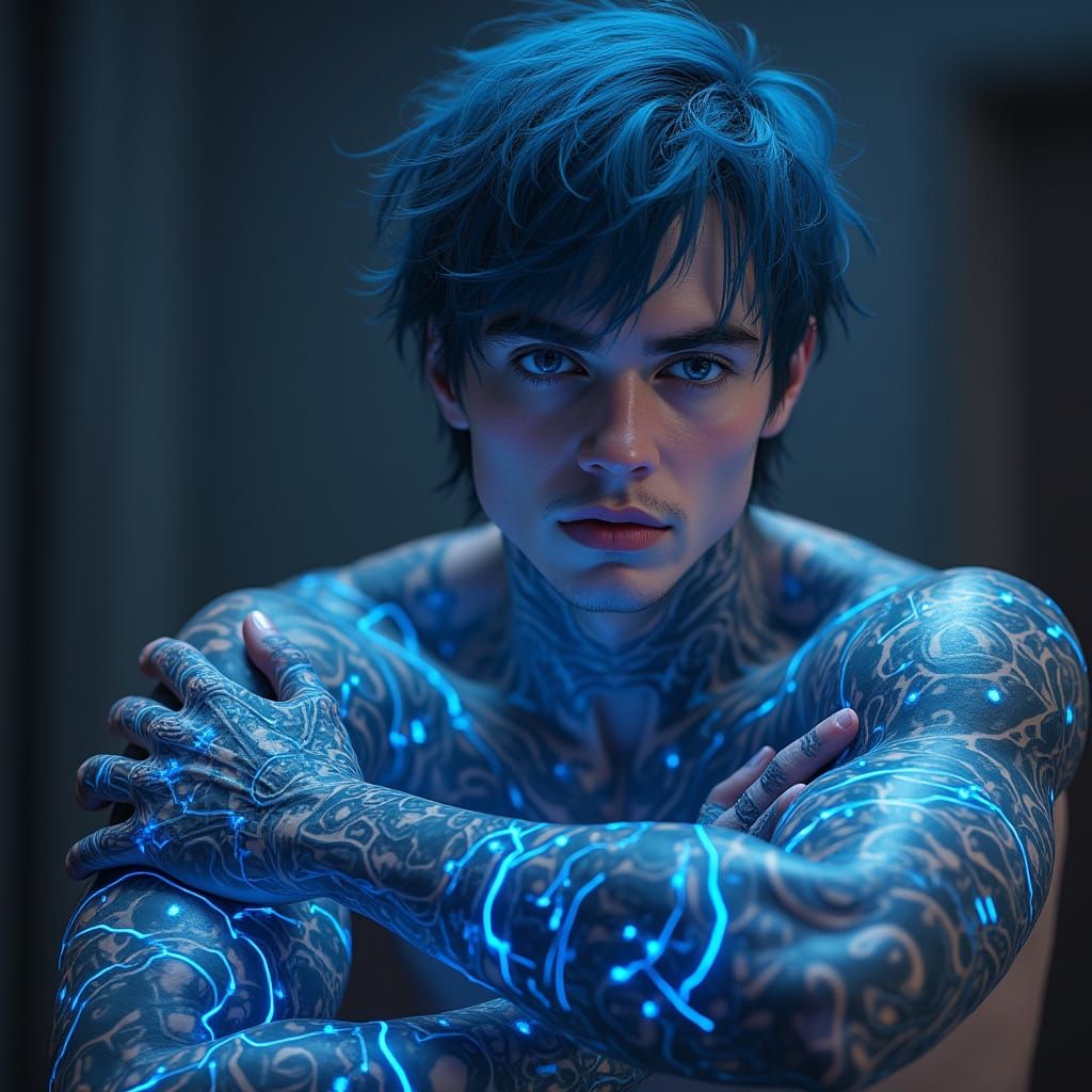 Man with Glowing Tattoos: Hyperrealistic Digital Art