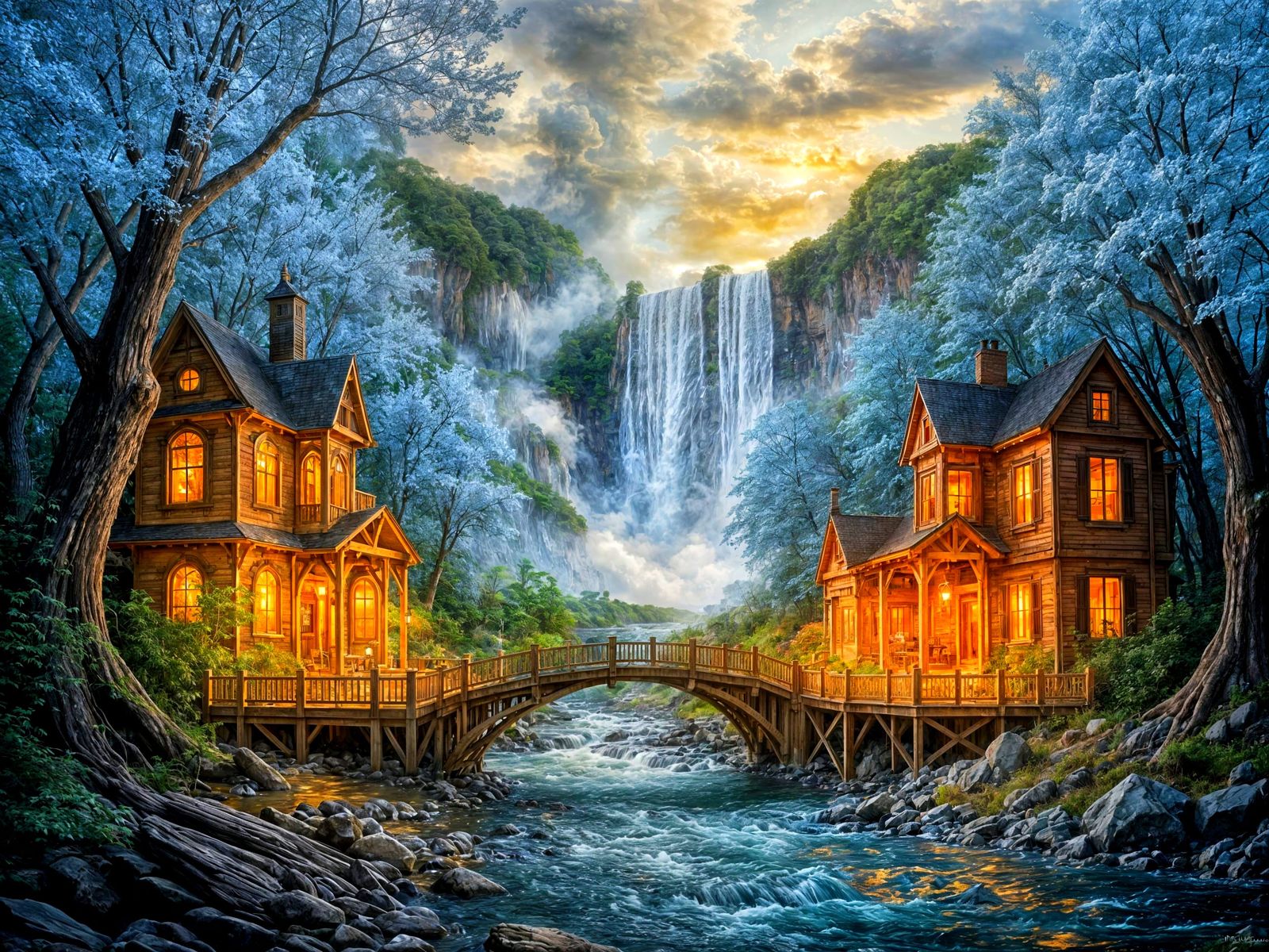 Fantasy Landscape Painting of Houses on a River Bridge
