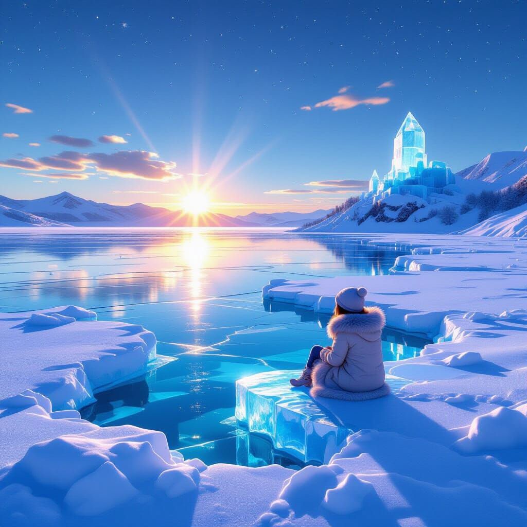 Emerald Ice Lake Baikal at Sunset with Stars