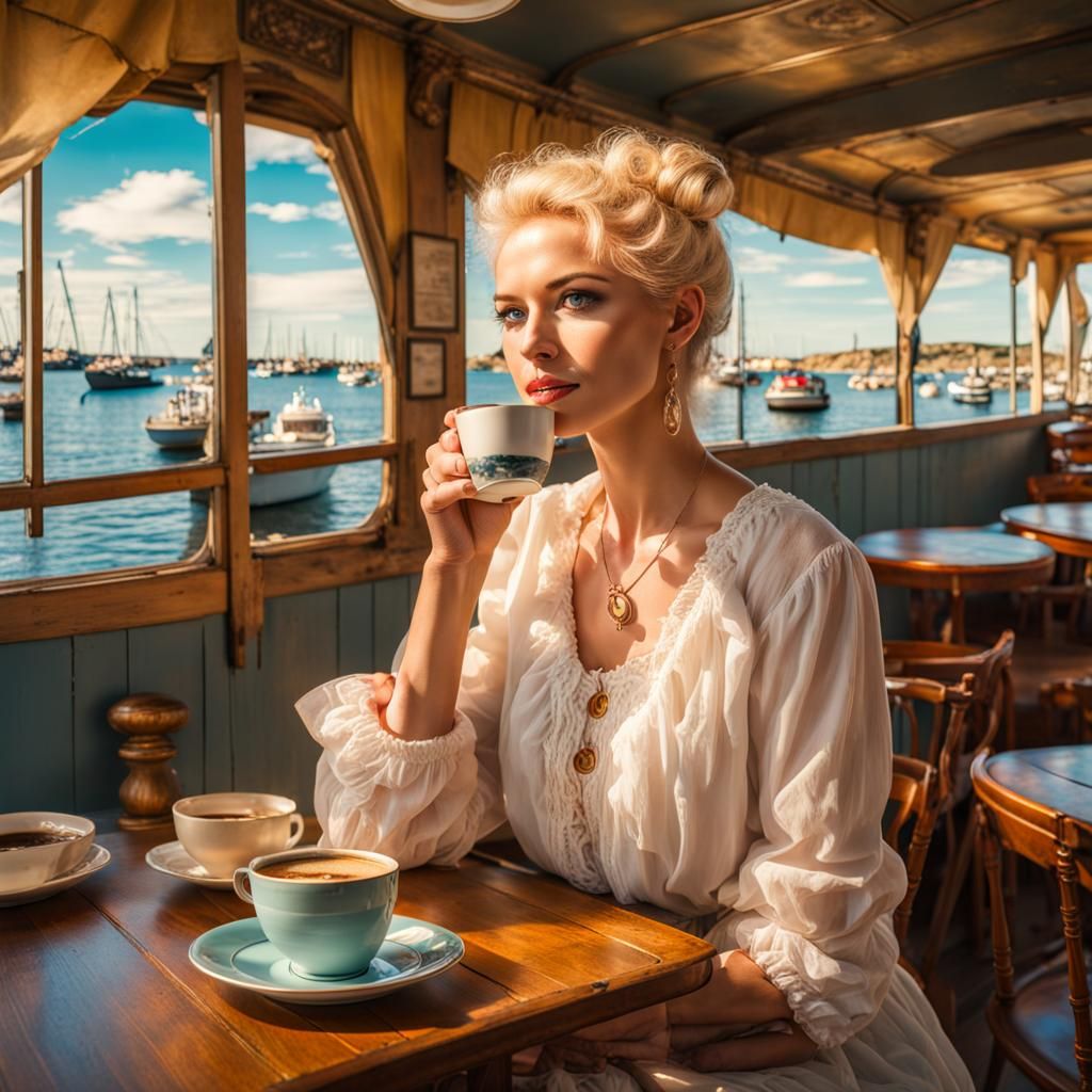 Golden-Haired Lady Enjoying Coffee by the Coast