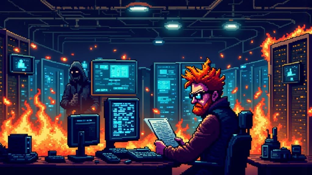 Burning Server Room in Retro Pixel Art Style