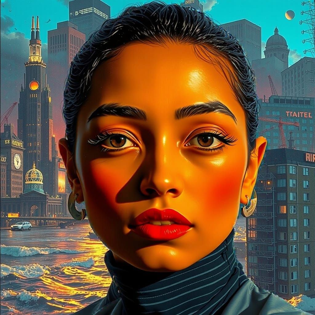 Tsunami in Deco-Color Metropolis Under Stormy Sky