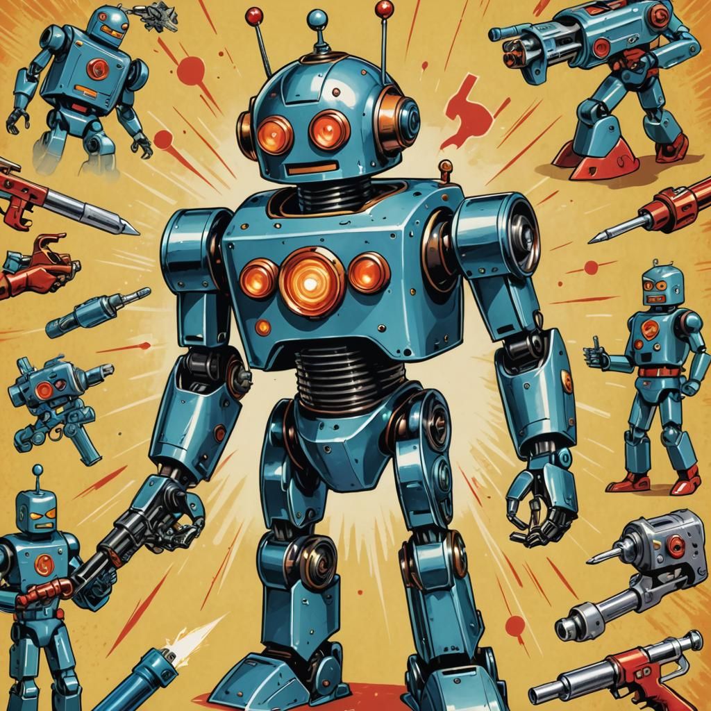 Robot Superhero Battle with Alchemical Symbols