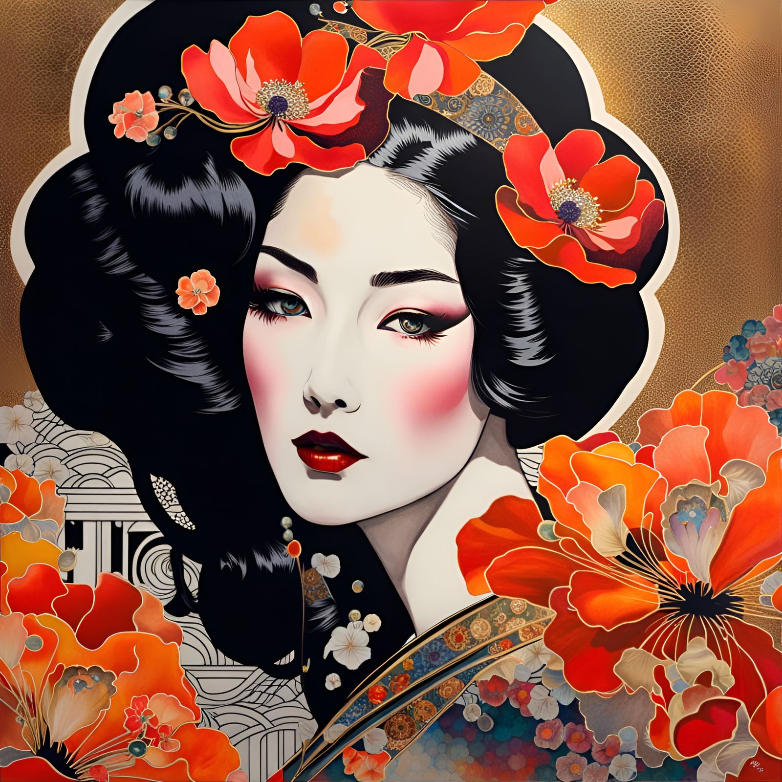 Geisha Girl with Poppies in Scrapbook Collage Style