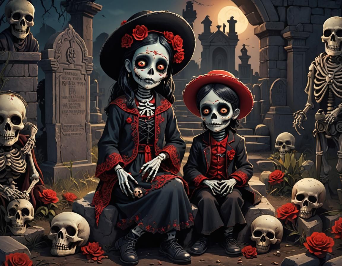 Cute Zombie Kids in a Mexican Cemetery