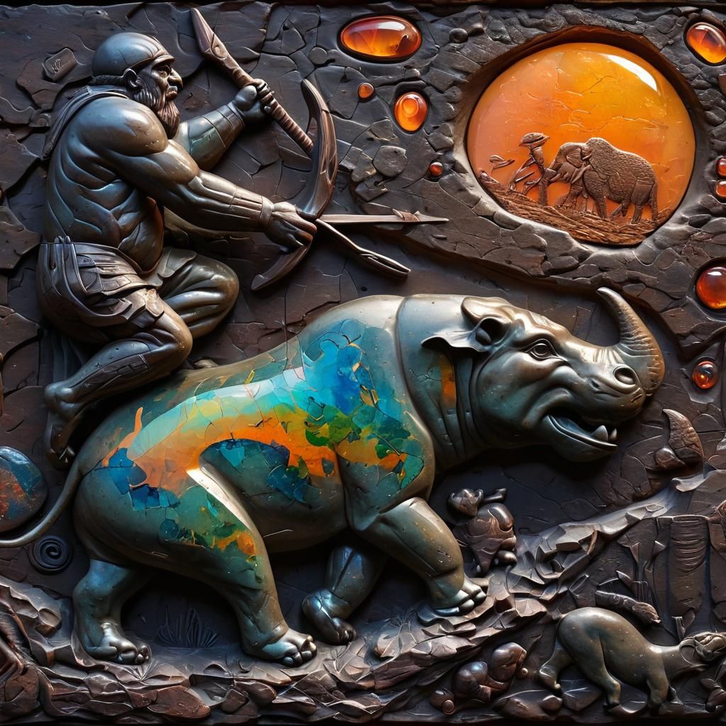 Primitive Bas Relief Carving of Apemen Hunting