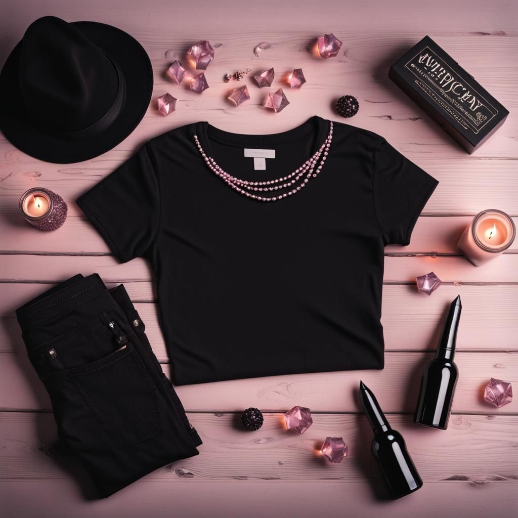 Black T-Shirt Flatlay with Crystals and Candles