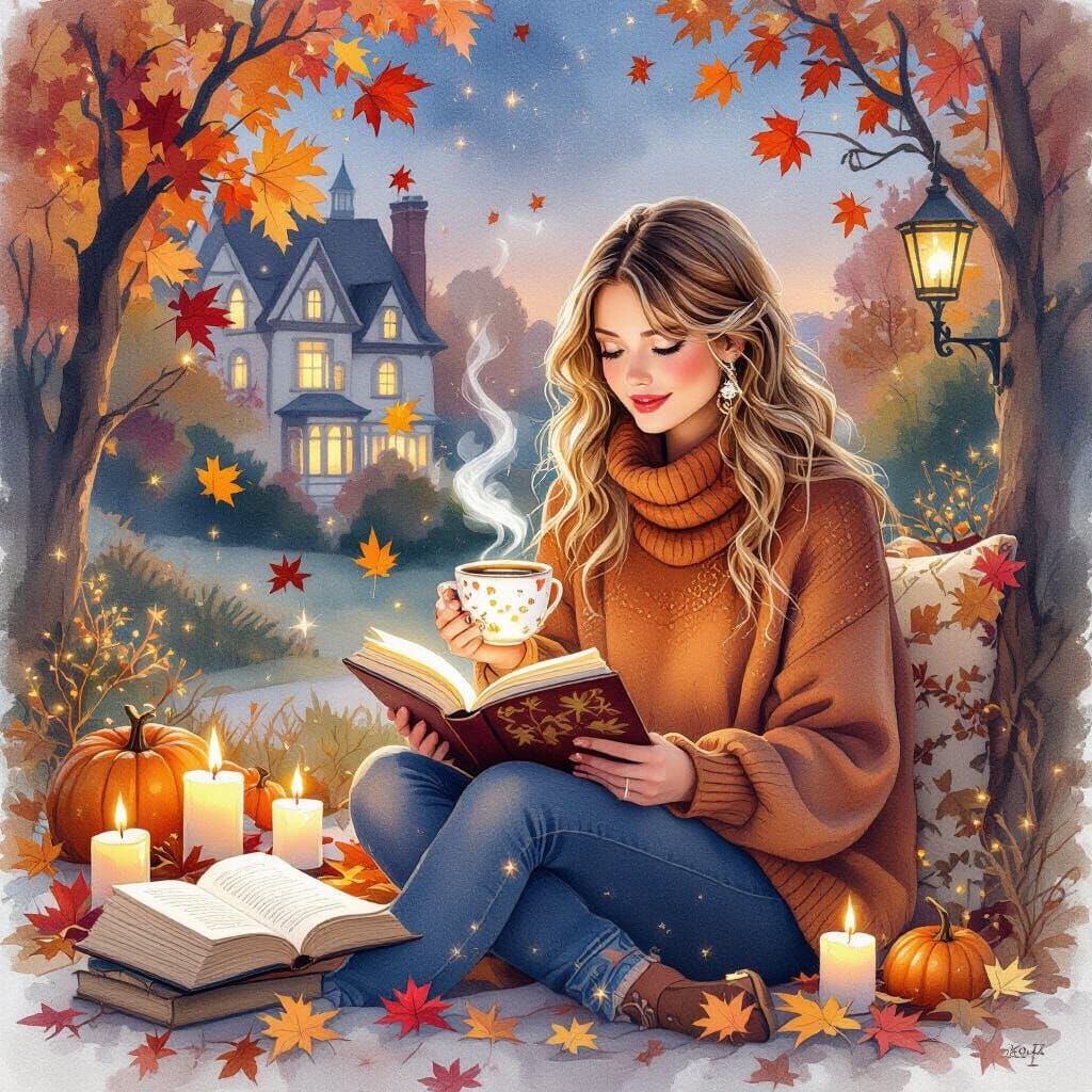 Cozy Autumn Fantasy Scene with Steaming Coffee in Watercolor...