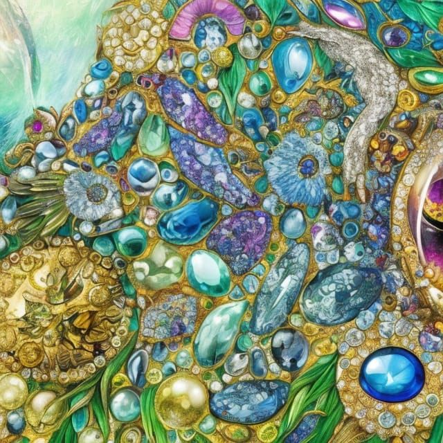 Enchanting Magpie Nest with Jewels, Fairytale Illustration