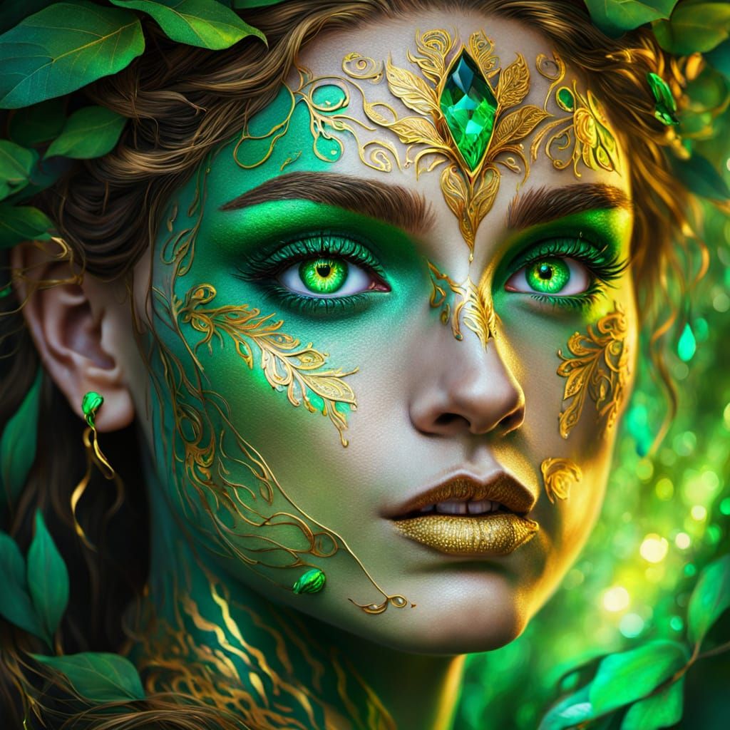 Emerald-Eyed Dryad Portrait with Golden Tattoos