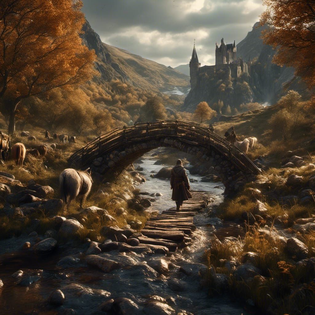 Medieval Scottish Peasant Crossing Bridge: Hyperrealistic Ar...