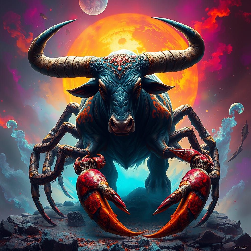 Epic Bull Scorpion Hybrid in Vibrant Fantasy Art