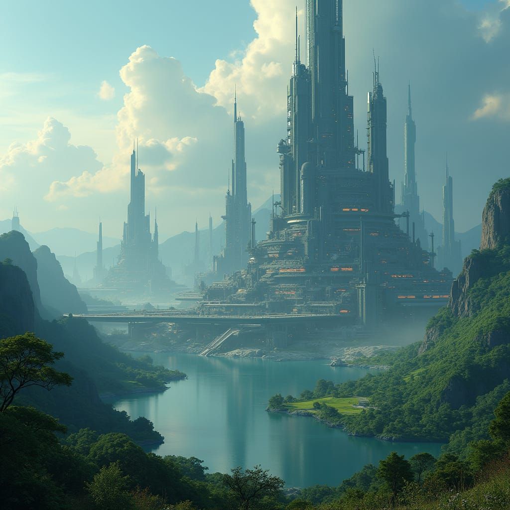 Futuristic City Floating Over Green Valley