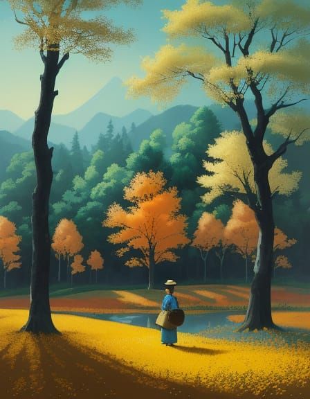 Traditional Farmer Amidst Vibrant Blossom Trees in Sumi-e St...